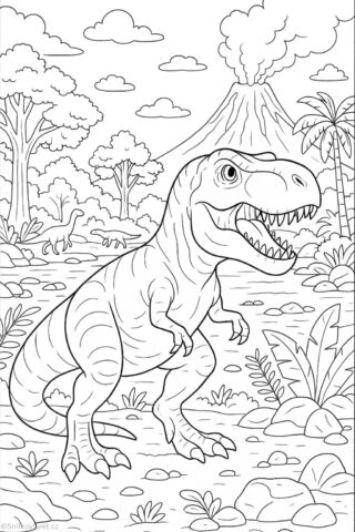 Omalovánka T-Rex v pravěké džungli