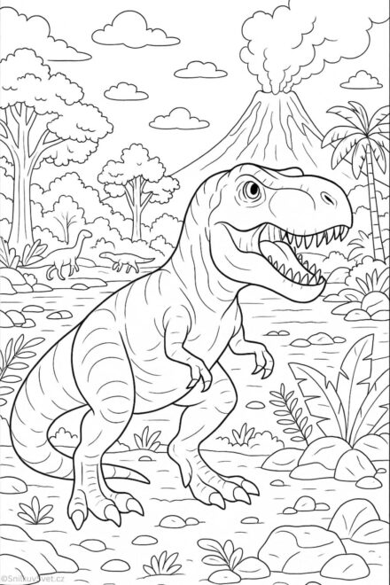 Omalovánka T-Rex v pravěké džungli