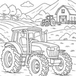 Detailní omalovánka traktoru na farmě – velký traktor v popředí, v pozadí stodola, pole, kopce a druhý traktor, černobílý line art bez stínování, formát A4 na výšku.
