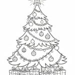 Omalovánka vánočního stromečku ověšeného baňkami, řetězem, s hvězdou na špici a hromadou dárků pod stromečkem.
