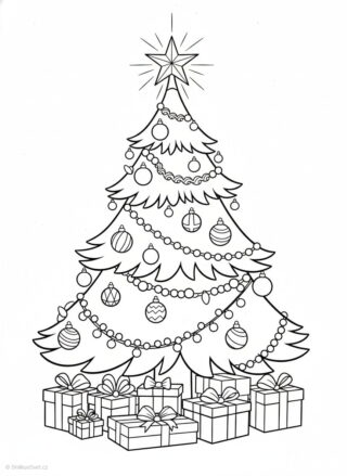 Omalovánka vánočního stromečku s dárky
