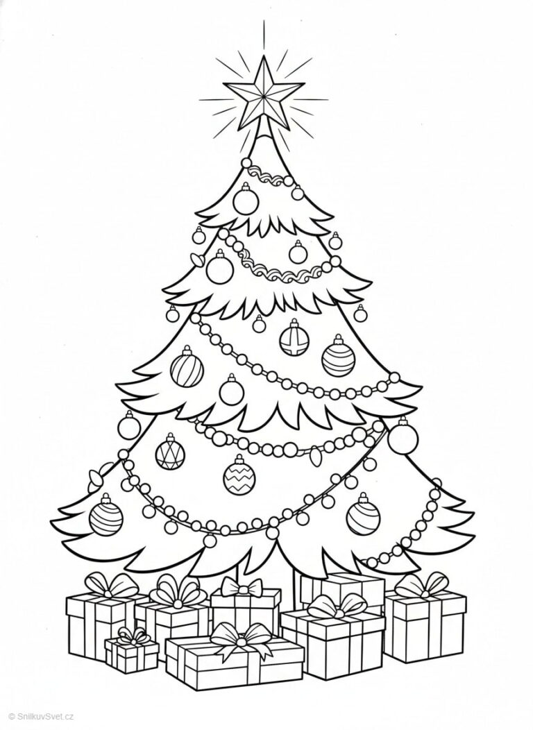 Omalovánka vánočního stromečku s dárky