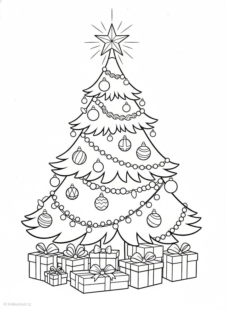 Omalovánka vánočního stromečku s dárky