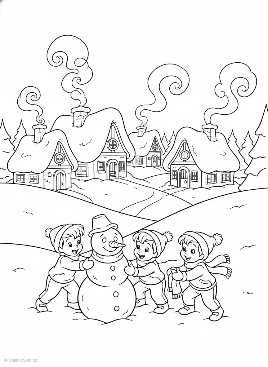 Omalovánka zasněžené vesničky s dětmi a sněhulákem