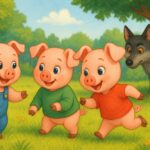 Ilustrace ve stylu dětské knížky zobrazuje tři roztomilá prasátka, jak si hrají na slunné louce u lesa. Všechny postavičky mají velké oči a výrazné výrazy. Mezi stromy v pozadí nenápadně vykukuje vlk, který je sleduje. Obrázek má jemné barvy, čisté linie a kouzelnou atmosféru ideální pro dětskou pohádku.