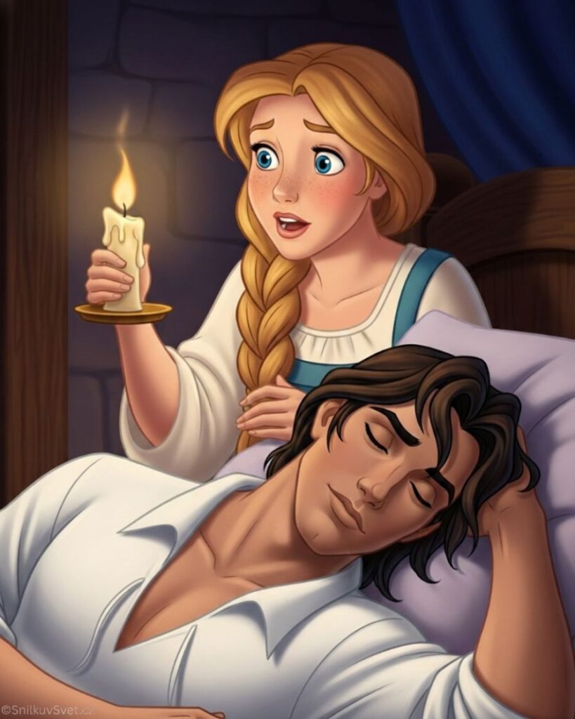 Dívka se spleteným copem drží v temné komnatě svíčku a s překvapením se dívá na krásného prince vedle sebe