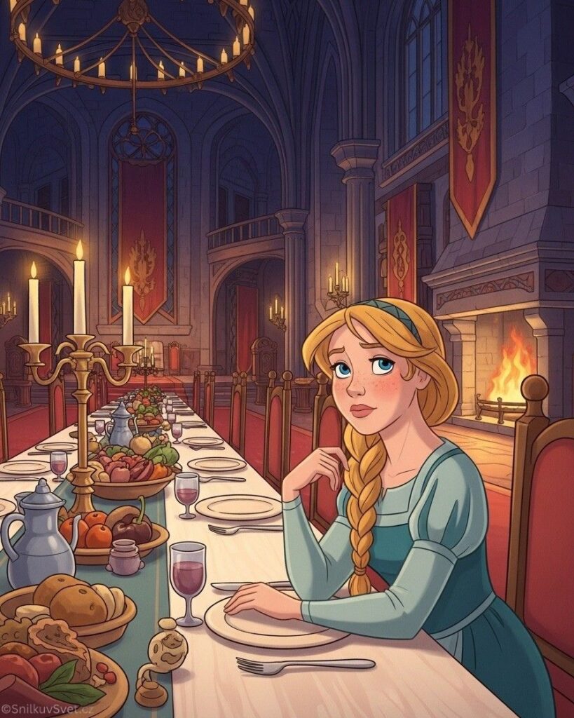 Dívka sedí u dlouhého slavnostního stolu v obrovském hradním sále, před sebou hromadu jídla, ale v tváři má smutek a nejistotu.