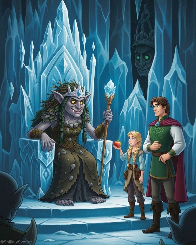 Dramatická scéna v ledové síni. Na ostrém krystalovém trůně sedí hrozivá trollí královna, kolem se tísní trollové. Dívka pevně svírá kouzelné jablko, princ stojí po jejím boku a společně se snaží vyjednat zrušení kletby Medvědího krále.