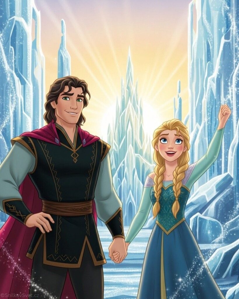 Usměvavý princ a dívka se drží za ruce před třpytivým ledovým palácem, za nimi vychází slunce.