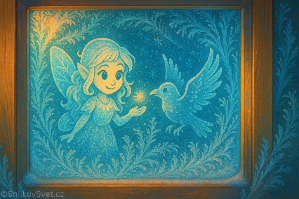 Víla Elvíra a havran v námraze na okně