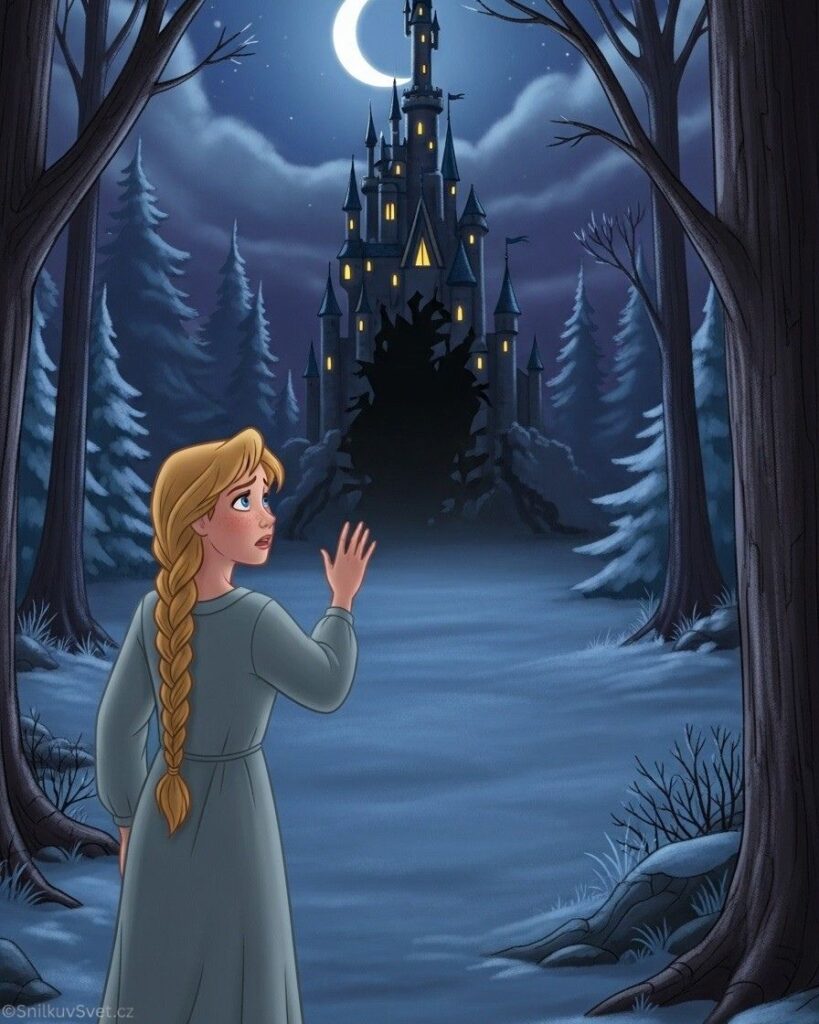 Dívka v noční košili stojí na lesní cestě a s obavou hledí na mizející vysoký tmavý hrad osvětlený srpkem měsíce.
