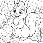 Zimní omalovánka s roztomilou veverkou na zasněžené větvi, sněhové vločky, stromy a drobné detaily v pozadí, propracovaný line art pro děti od 5 let, formát A4.
