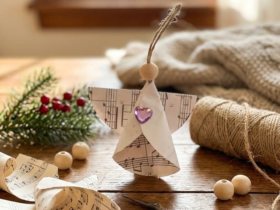 Hotová DIY dekorace anděla z vintage notového papíru s dřevěným korálkem místo hlavičky a fialovým kamínkem na hrudi, stojící na rustikálním dřevěném stole. Kolem jsou aranžovány pomůcky na tvoření: staré nůžky, špulka jutového provázku, volné korálky, zbytky notového papíru a větvička jehličí.