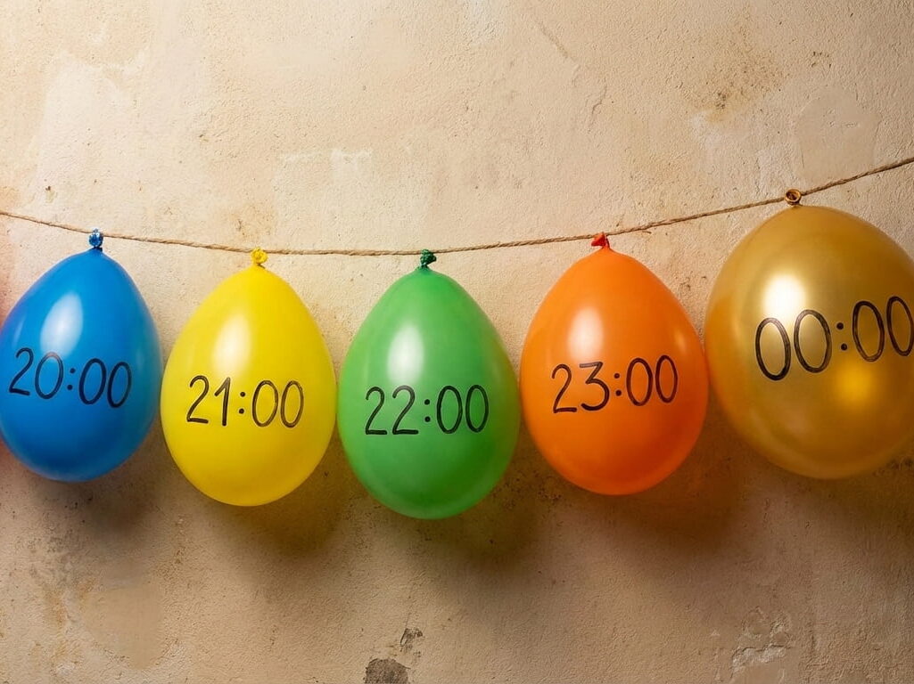 Nafouknuté barevné balónky, na kterých jsou napsané celé hodiny. Odpočítávání do půlnoci.