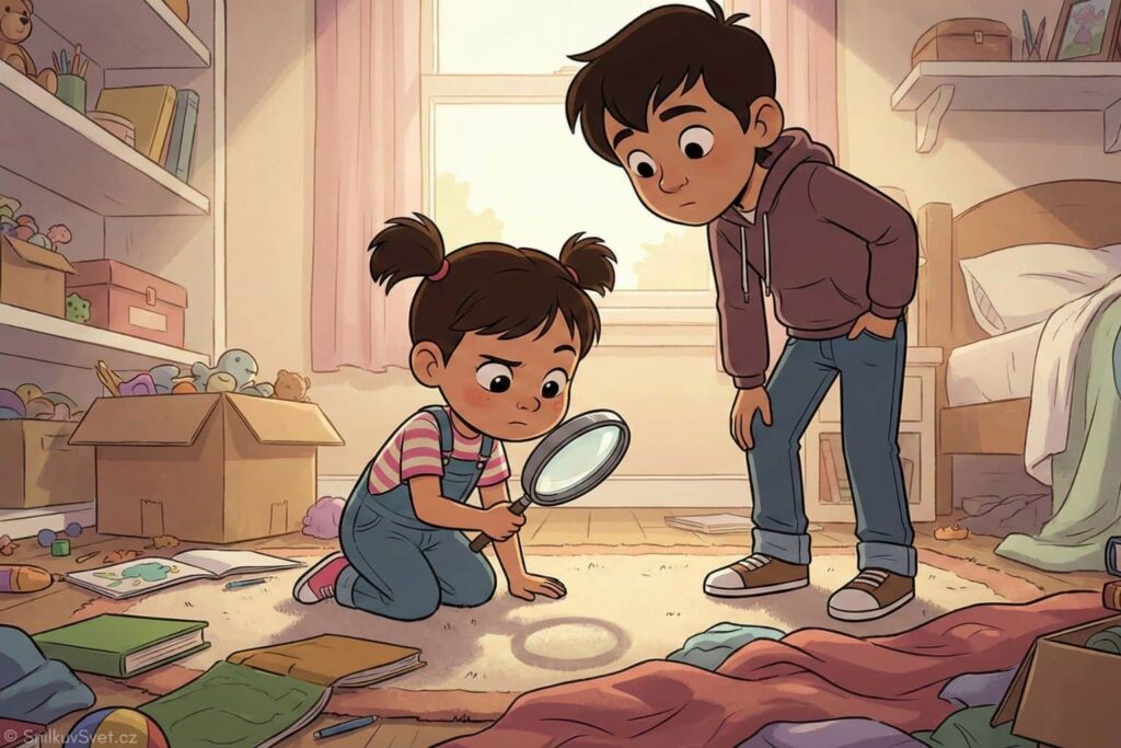 Ilustrace v moderním 2D animovaném stylu zobrazující interiér neuklizeného dětského pokoje z nízkého úhlu pohledu. Malá pětiletá tmavovlasá dívka v montérkách klečí na světlém koberci a dívá se skrz lupu. Vedle ní stojí její starší bratr v mikině a džínách a pozoruje ji. Kolem nich jsou rozházené hračky, knihy a oblečení, do pokoje dopadá měkké sluneční světlo.