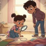 Ilustrace v moderním 2D animovaném stylu zobrazující interiér neuklizeného dětského pokoje z nízkého úhlu pohledu. Malá pětiletá tmavovlasá dívka v montérkách klečí na světlém koberci a dívá se skrz lupu. Vedle ní stojí její starší bratr v mikině a džínách a pozoruje ji. Kolem nich jsou rozházené hračky, knihy a oblečení, do pokoje dopadá měkké sluneční světlo.