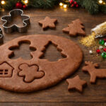 Vyválená modelína na stole s vykrajovátky a vykrájenými tvary.