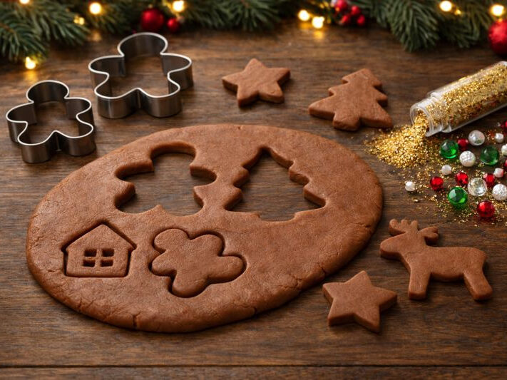 Vyválená modelína na stole s vykrajovátky a vykrájenými tvary.