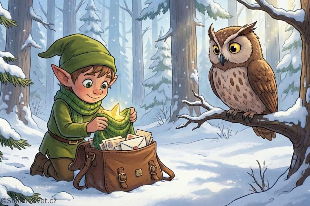 Skřítek pošťák v zeleném oblečení v zasněženém lese dává do své plné brašny zlatou hvězdu zabalenou ve své červené šále. Hnědá sova ho sleduje ze zasněžené větve stromu vedle něj.