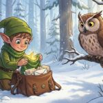 Skřítek pošťák v zeleném oblečení v zasněženém lese dává do své plné brašny zlatou hvězdu zabalenou ve své červené šále. Hnědá sova ho sleduje ze zasněžené větve stromu vedle něj.