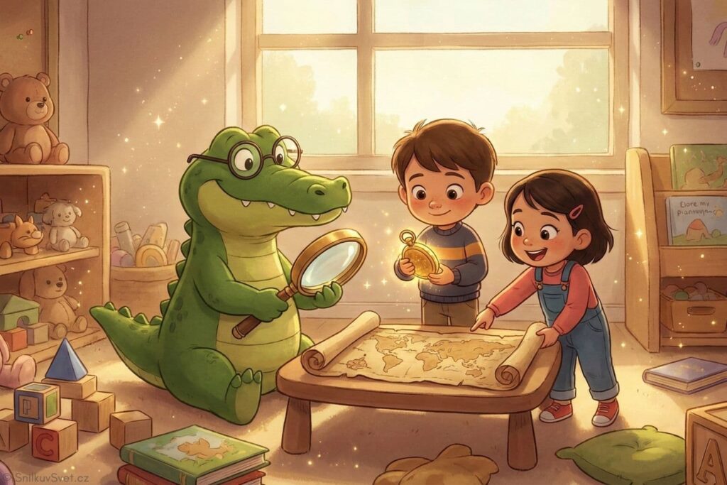 Zelený krokodýl s brýlemi, chlapec s kouzelnými hodinkami a dívka s mapou k pokladu v barevné školkové třídě.