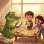 Zelený krokodýl s brýlemi, chlapec s kouzelnými hodinkami a dívka s mapou k pokladu v barevné školkové třídě.