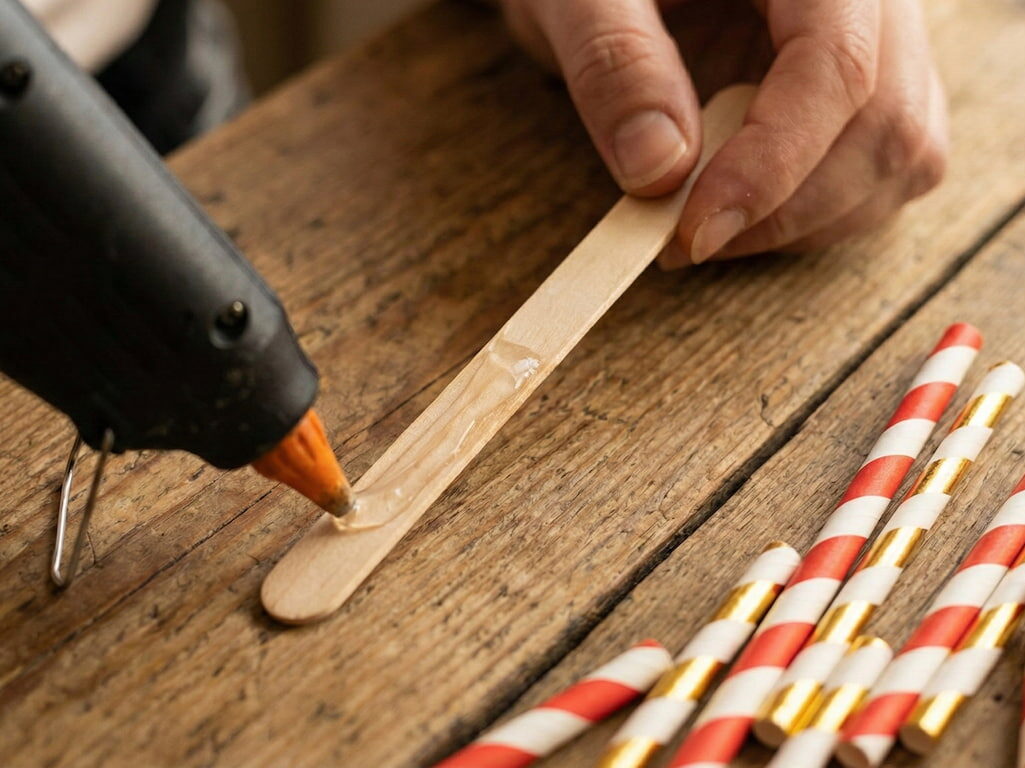 Ruka s černou tavnou pistolí nanáší proužek lepidla na dřevěnou špachtli (dřívko od nanuku). Kolem jsou připravená nastříhaná brčka.