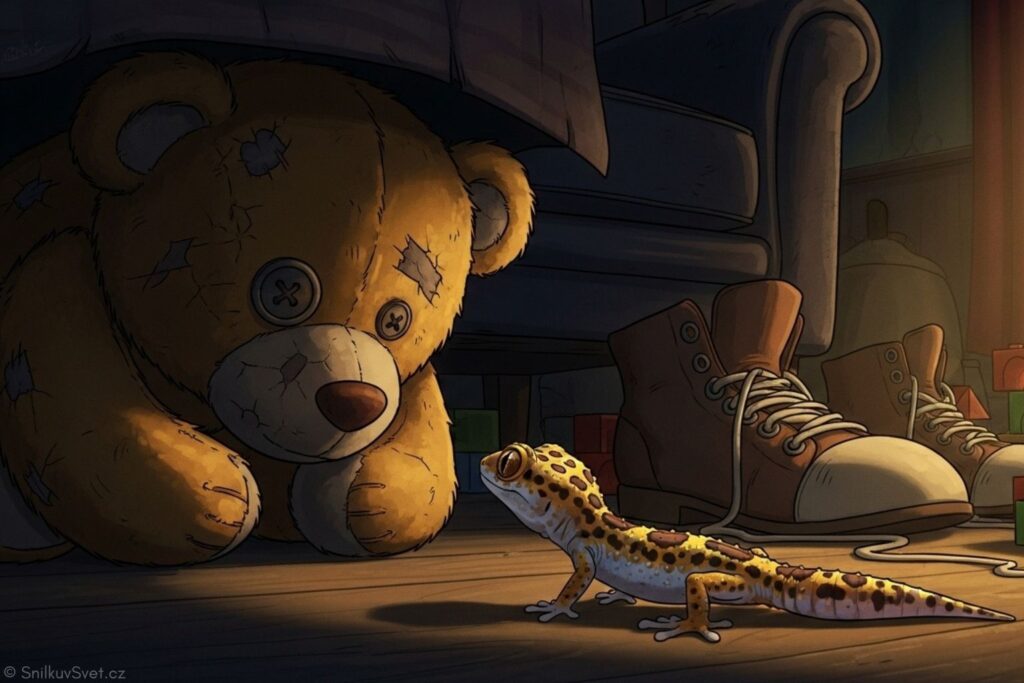Malý gekon Leoš se kouká na starého plyšového medvěda. V pozadí je vidět dětský pokoj.