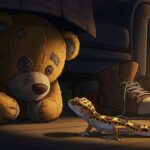 Malý gekon Leoš se kouká na starého plyšového medvěda. V pozadí je vidět dětský pokoj.