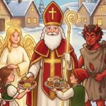 Mikuláš, Anděl, Čert a děti v zasněžené vesnici.