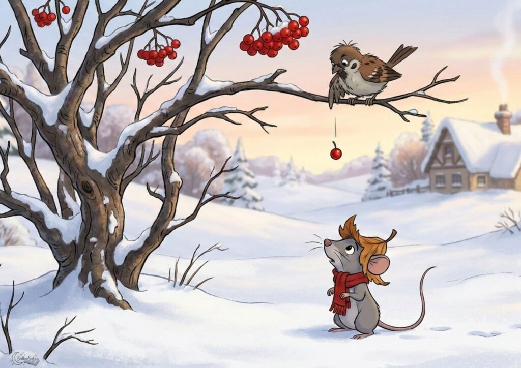 Kreslená šedá myška v šále a čepici z listu stojí ve sněhu pod jeřabinou a vrabčák jí z větve shazuje červenou bobuli. Styl Disney 2D.