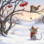 Kreslená šedá myška v šále a čepici z listu stojí ve sněhu pod jeřabinou a vrabčák jí z větve shazuje červenou bobuli. Styl Disney 2D.