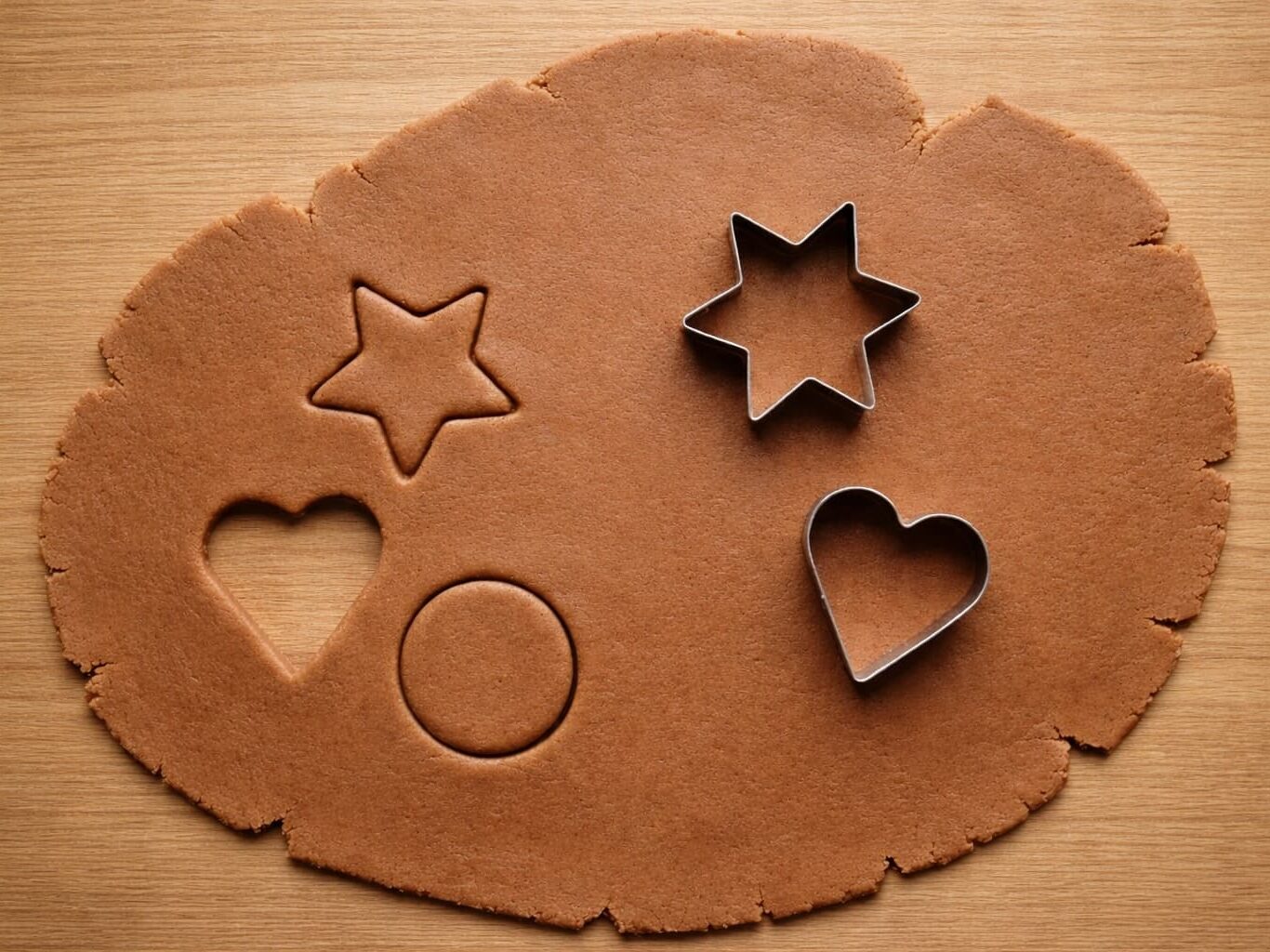 Vyválená modelína na stole s vykrajovátky a vykrájenými tvary.