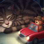 Plyšový medvídek řídí červené autíčko kolem spící kočky, zatímco voják naviguje