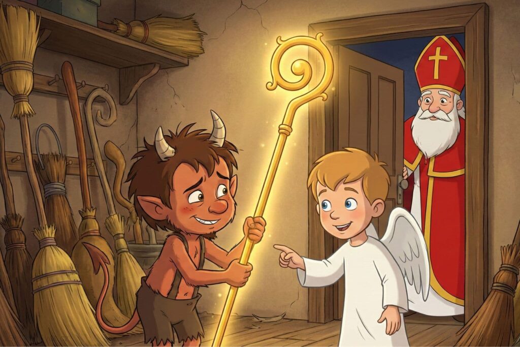 Kreslená ilustrace ve stylu animovaného filmu. V malé, dřevem obložené místnosti přeplněné opřenými košťaty a policemi stojí malý chlupatý čertík s růžky a drží zářící zlatou berlu. Vedle něj stojí blonďatý anděl v modrém rouchu a ukazuje na berlu prstem. V pozadí v otevřených dveřích stojí usmívající se Mikuláš s bílým plnovousem, červenou mitrou a pláštěm a dívá se dovnitř. Místnost je zalita teplým žlutým světlem.