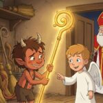 Kreslená ilustrace ve stylu animovaného filmu. V malé, dřevem obložené místnosti přeplněné opřenými košťaty a policemi stojí malý chlupatý čertík s růžky a drží zářící zlatou berlu. Vedle něj stojí blonďatý anděl v modrém rouchu a ukazuje na berlu prstem. V pozadí v otevřených dveřích stojí usmívající se Mikuláš s bílým plnovousem, červenou mitrou a pláštěm a dívá se dovnitř. Místnost je zalita teplým žlutým světlem.