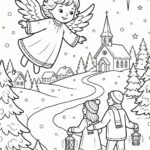 Detailní vánoční omalovánka A4 na výšku. Andělíček s lucernou nad zasněženou cestou vedoucí ke kostelu. Rodina kráčí sněhem.
