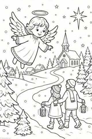 Omalovánka andělíčka svítícího na cestu do kostela