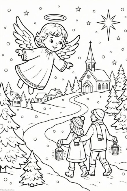 Omalovánka andělíčka svítícího na cestu do kostela
