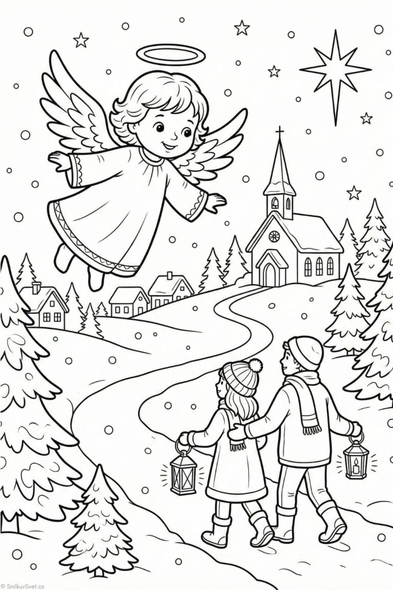Omalovánka andělíčka svítícího na cestu do kostela