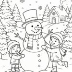 Omalovánka k vytištění. Děti stavějící sněhuláka v zasněžené krajině.