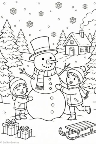 Omalovánka dětí stavějícího sněhuláka