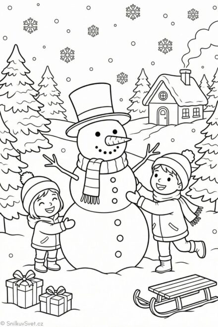 Omalovánka dětí stavějícího sněhuláka