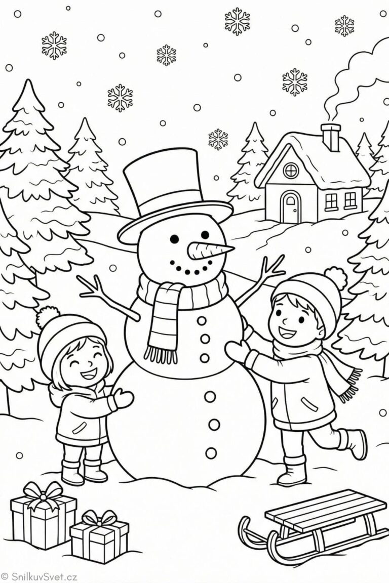 Omalovánka dětí stavějícího sněhuláka