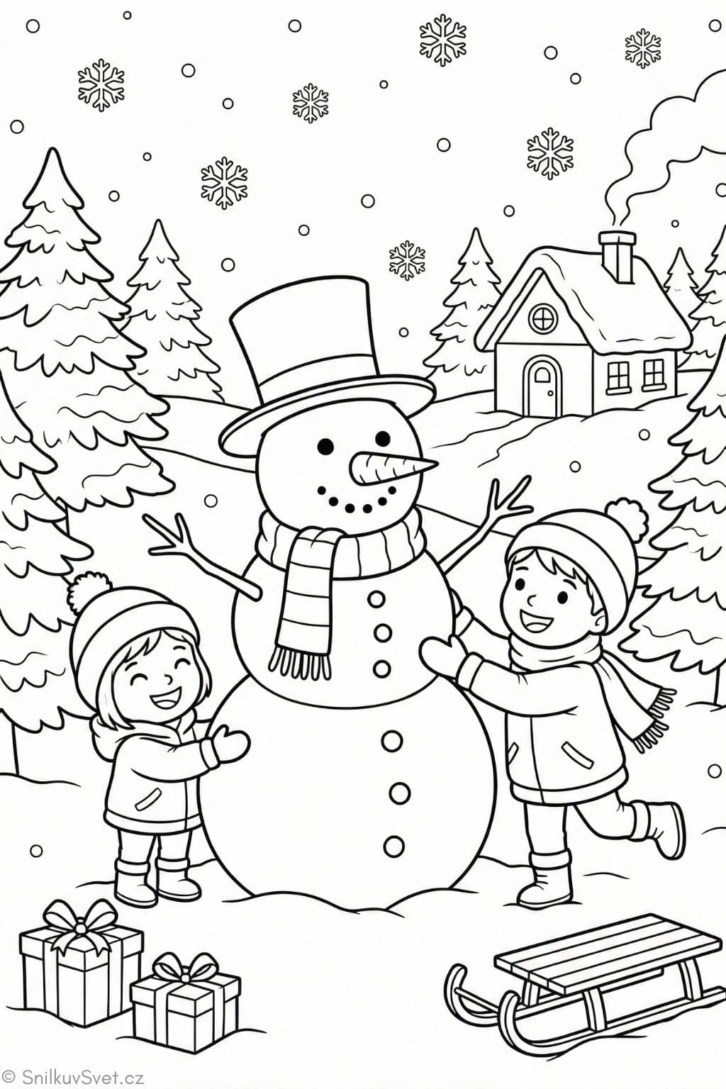 Omalovánka dětí stavějícího sněhuláka