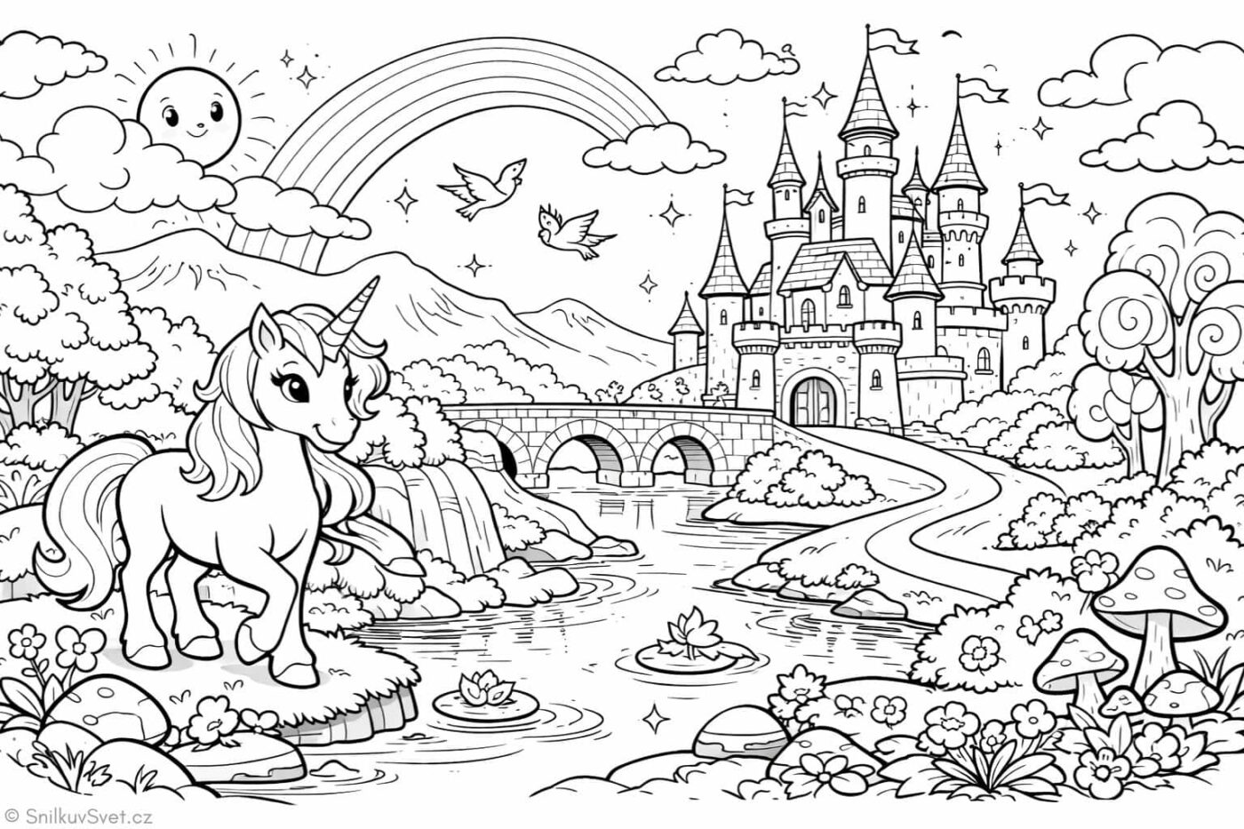 Omalovánka – kouzelná krajina s jednorožcem a zámkem