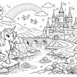 Omalovánka kouzelné krajiny s jednorožcem u řeky, pohádkovým zámkem, duhou a přírodou v Disney 2D stylu