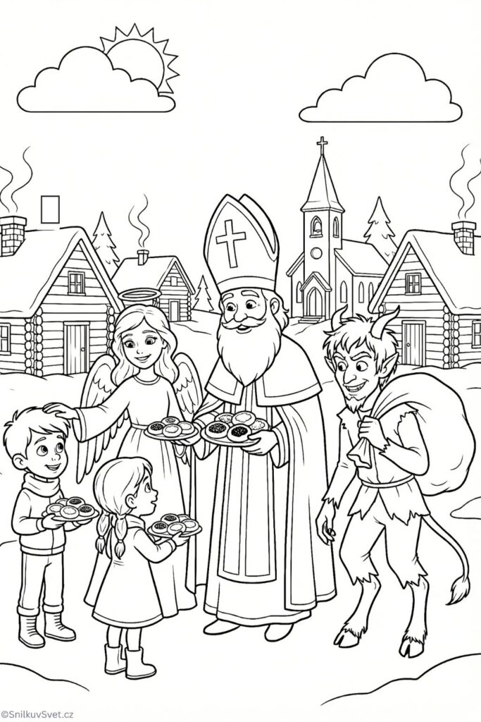 Omalovánka Mikulášská nadílka s koláči ke stažení a vytištění zdarma.