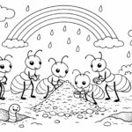 Omalovánka mravenčí rodinky stavící mraveniště, realistický simple line-art, formát A4 na šířku