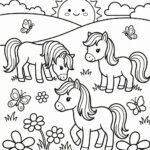 Obrázek k vybarvení s velkým, jednoduchým motivem poníky na louce. Ideální pro předškoláky.